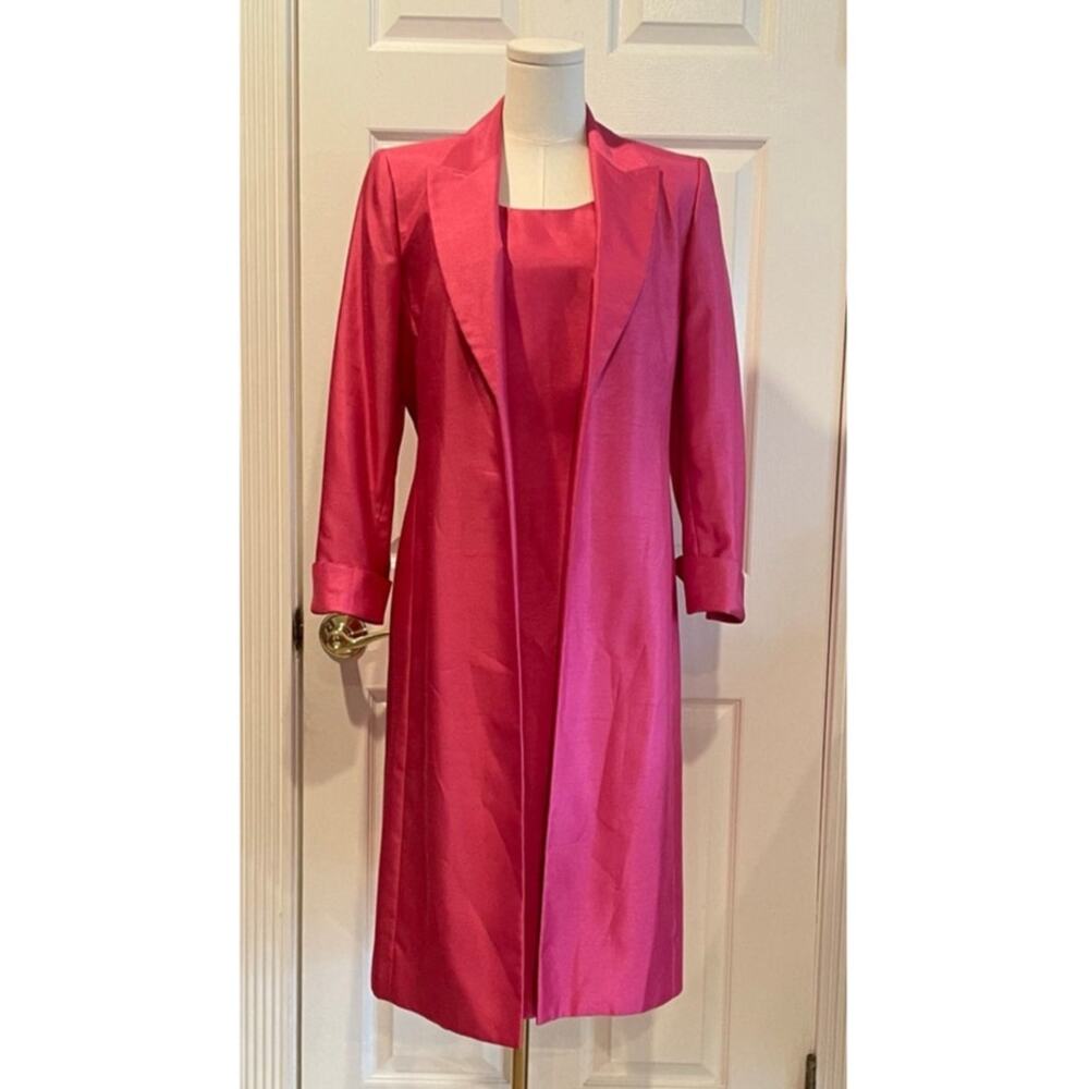 Le Suit 2pc Dress Suit Fuchsia Pink Topper Duster Jacket & Sheath Dress Set Sz 8